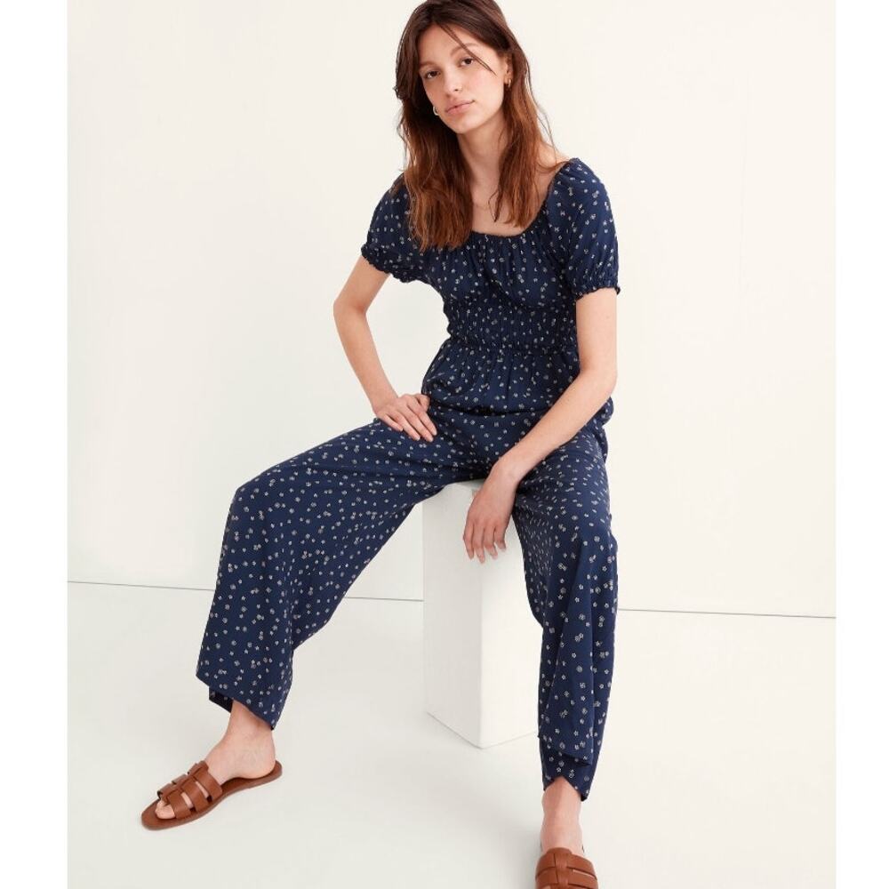 Madewell Sophia Jumpsuit Bandana Flower XXS Navy Floral Wide Leg Smocked Waist